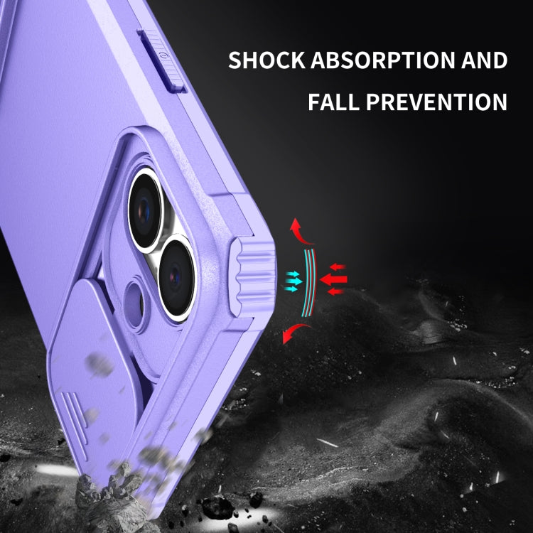 For iPhone 16 Plus Stereoscopic Holder Sliding Camshield Phone Case(Purple)