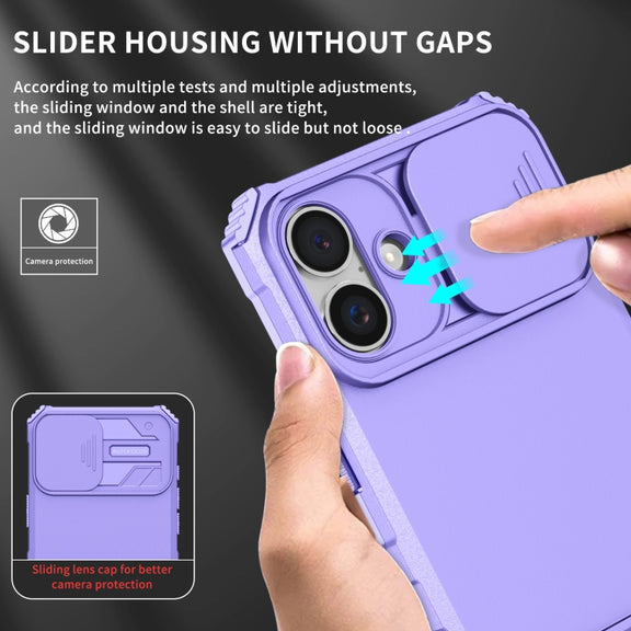 For iPhone 16 Plus Stereoscopic Holder Sliding Camshield Phone Case(Purple)