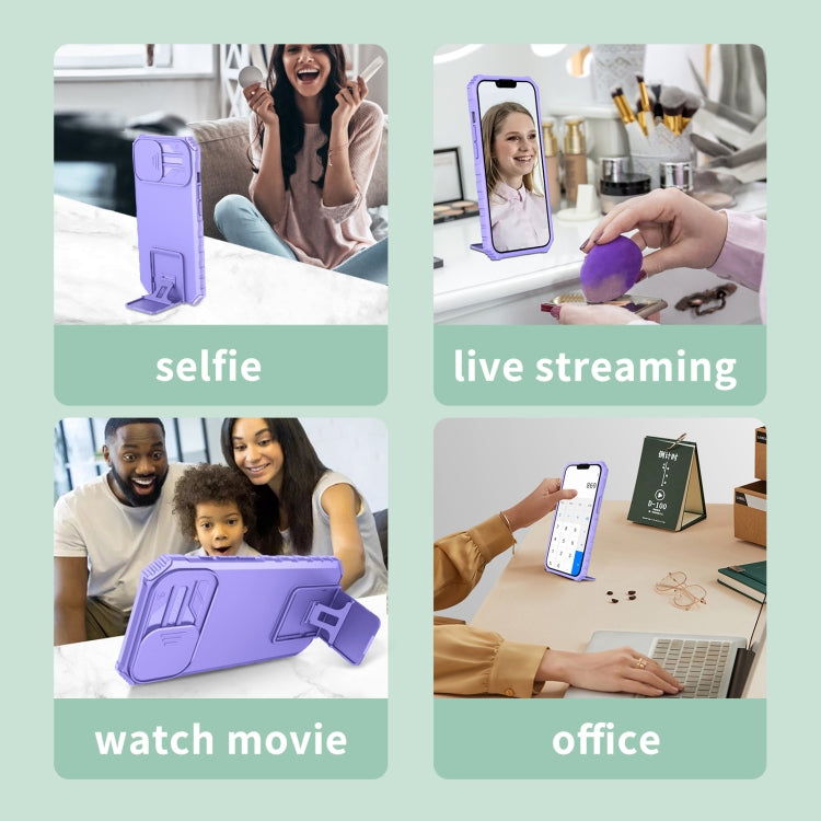 For iPhone 16 Plus Stereoscopic Holder Sliding Camshield Phone Case(Purple)