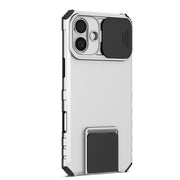 For iPhone 16 Stereoscopic Holder Sliding Camshield Phone Case(White)