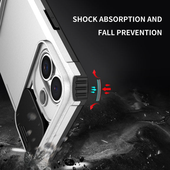 For iPhone 16 Stereoscopic Holder Sliding Camshield Phone Case(White)
