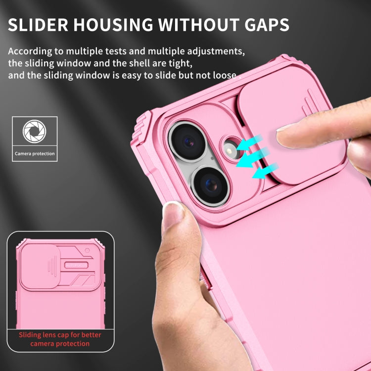 For iPhone 16 Stereoscopic Holder Sliding Camshield Phone Case(Pink)