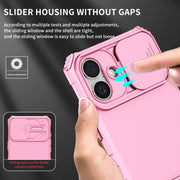 For iPhone 16 Stereoscopic Holder Sliding Camshield Phone Case(Pink)