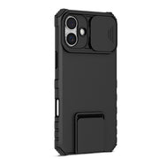 For iPhone 16 Stereoscopic Holder Sliding Camshield Phone Case(Black)