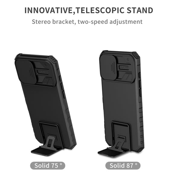 For iPhone 16 Stereoscopic Holder Sliding Camshield Phone Case(Black)