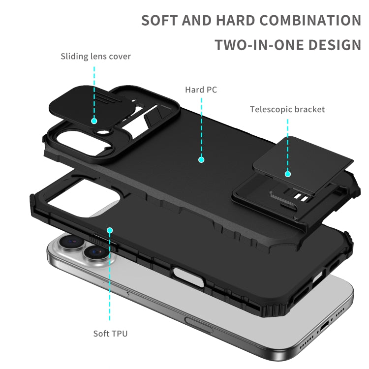 For iPhone 16 Stereoscopic Holder Sliding Camshield Phone Case(Black)