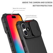 For iPhone 16 Stereoscopic Holder Sliding Camshield Phone Case(Black)