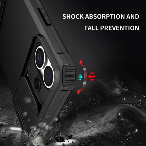 For iPhone 16 Stereoscopic Holder Sliding Camshield Phone Case(Black)