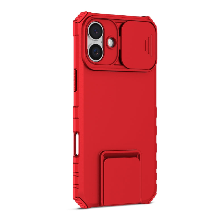 For iPhone 16 Stereoscopic Holder Sliding Camshield Phone Case(Red)