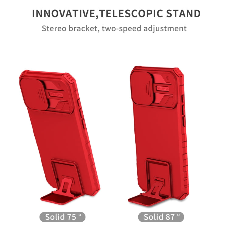 For iPhone 16 Stereoscopic Holder Sliding Camshield Phone Case(Red)