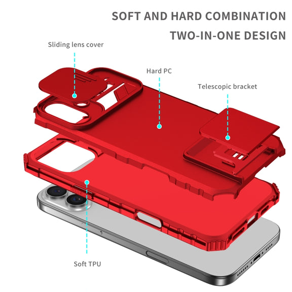 For iPhone 16 Stereoscopic Holder Sliding Camshield Phone Case(Red)
