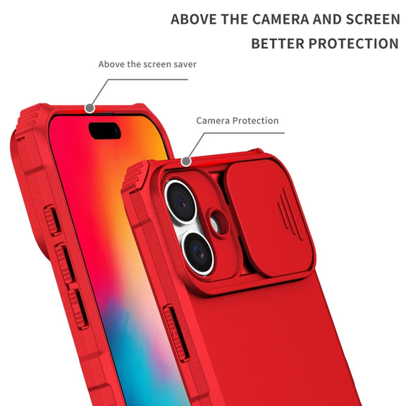 For iPhone 16 Stereoscopic Holder Sliding Camshield Phone Case(Red)