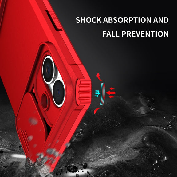 For iPhone 16 Stereoscopic Holder Sliding Camshield Phone Case(Red)