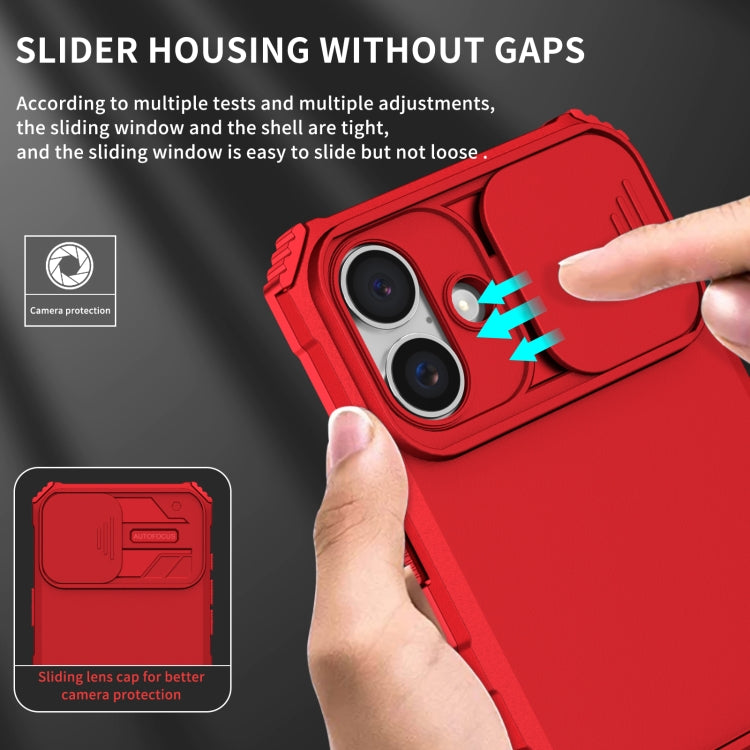 For iPhone 16 Stereoscopic Holder Sliding Camshield Phone Case(Red)