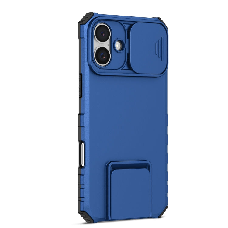 For iPhone 16 Stereoscopic Holder Sliding Camshield Phone Case(Blue)