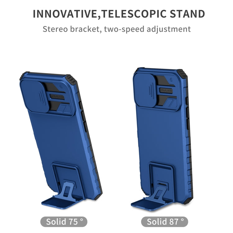 For iPhone 16 Stereoscopic Holder Sliding Camshield Phone Case(Blue)