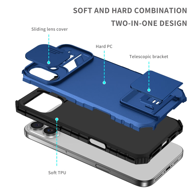 For iPhone 16 Stereoscopic Holder Sliding Camshield Phone Case(Blue)