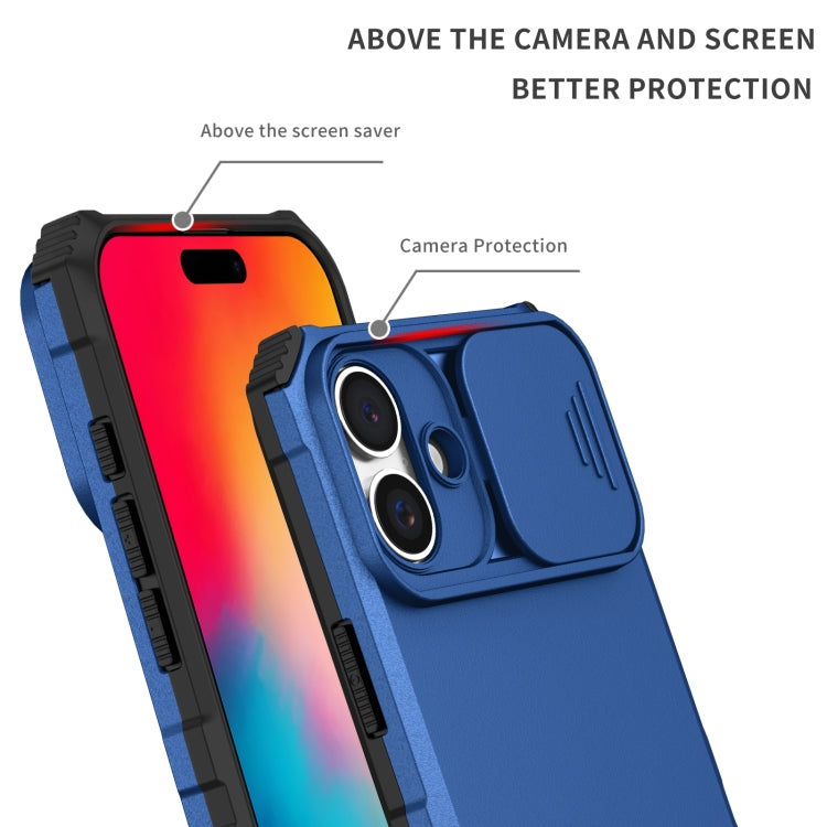 For iPhone 16 Stereoscopic Holder Sliding Camshield Phone Case(Blue)