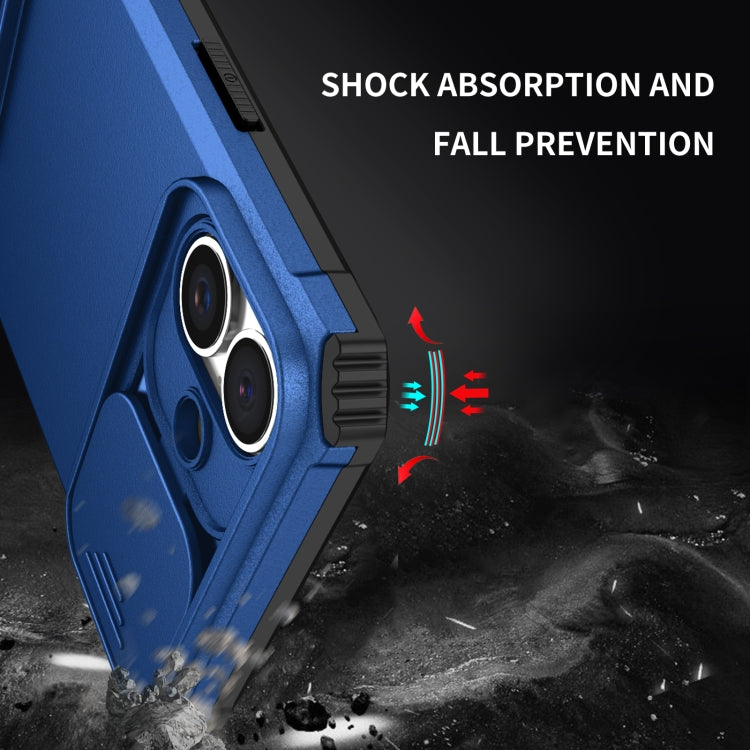 For iPhone 16 Stereoscopic Holder Sliding Camshield Phone Case(Blue)