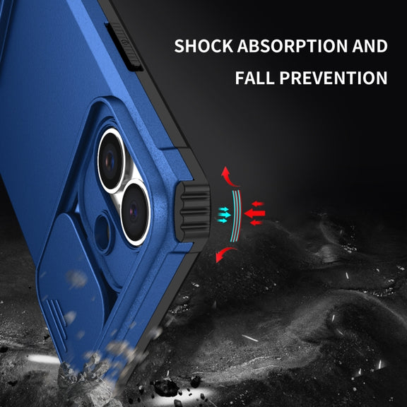 For iPhone 16 Stereoscopic Holder Sliding Camshield Phone Case(Blue)