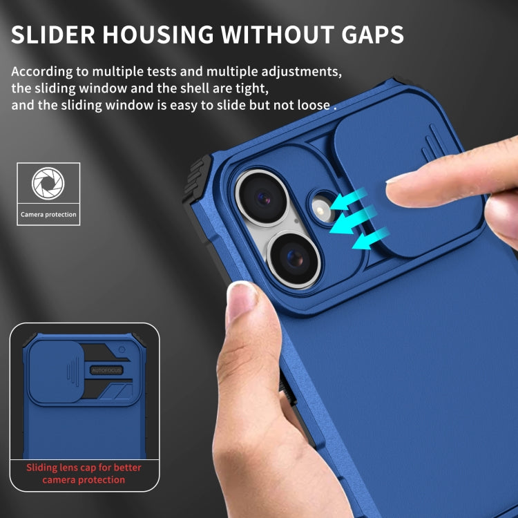 For iPhone 16 Stereoscopic Holder Sliding Camshield Phone Case(Blue)