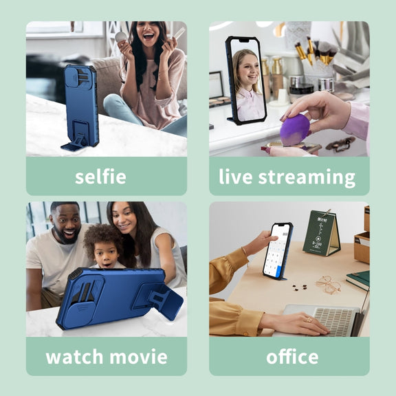 For iPhone 16 Stereoscopic Holder Sliding Camshield Phone Case(Blue)