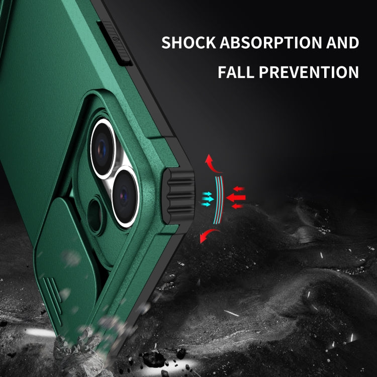 For iPhone 16 Stereoscopic Holder Sliding Camshield Phone Case(Green)
