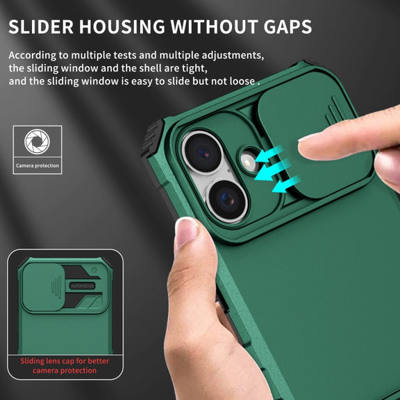 For iPhone 16 Stereoscopic Holder Sliding Camshield Phone Case(Green)