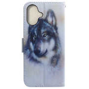 For iPhone 16 Plus Coloured Drawing Flip Leather Phone Case(White Wolf)