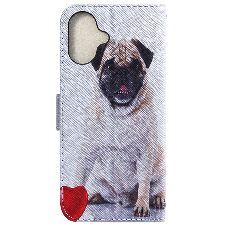 For iPhone 16 Plus Coloured Drawing Flip Leather Phone Case(Pug)