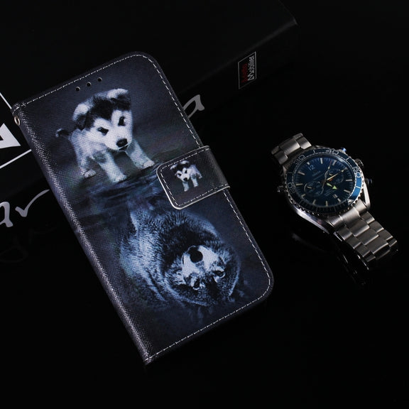 For iPhone 16 Plus Coloured Drawing Flip Leather Phone Case(Wolf and Dog)