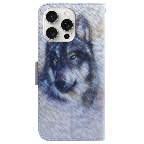 For iPhone 16 Pro Max Coloured Drawing Flip Leather Phone Case(White Wolf)