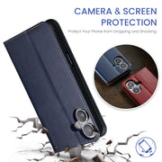 For iPhone 16 Fierre Shann PU Genuine Leather Texture Phone Case(Blue)