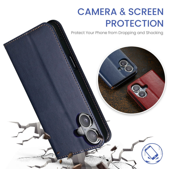 For iPhone 16 Fierre Shann PU Genuine Leather Texture Phone Case(Blue)
