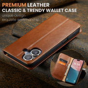 For iPhone 16 Fierre Shann PU Genuine Leather Texture Phone Case(Brown)