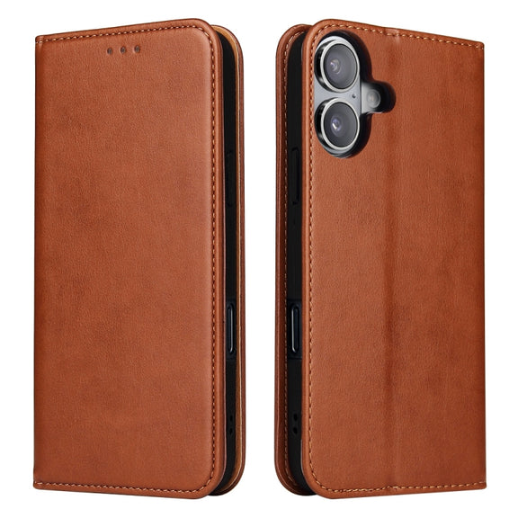 For iPhone 16 Fierre Shann PU Genuine Leather Texture Phone Case(Brown)