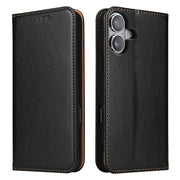 For iPhone 16 Fierre Shann PU Genuine Leather Texture Phone Case(Black)