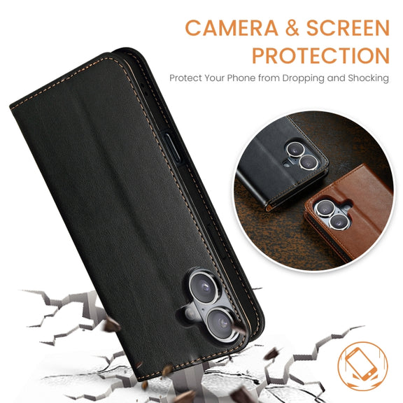 For iPhone 16 Fierre Shann PU Genuine Leather Texture Phone Case(Black)