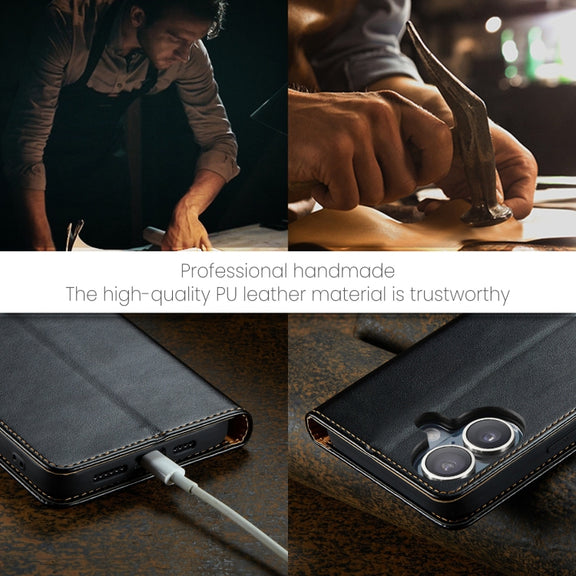 For iPhone 16 Fierre Shann PU Genuine Leather Texture Phone Case(Black)
