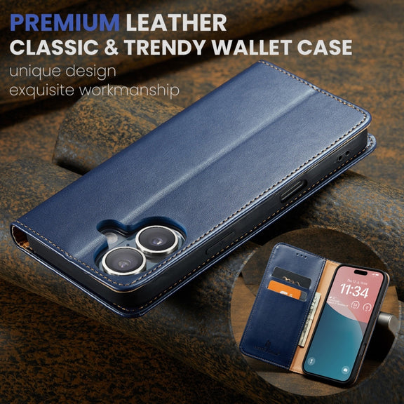 For iPhone 16 Plus Fierre Shann PU Genuine Leather Texture Phone Case(Blue)