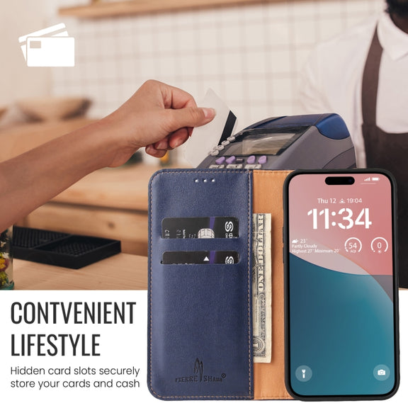 For iPhone 16 Plus Fierre Shann PU Genuine Leather Texture Phone Case(Blue)