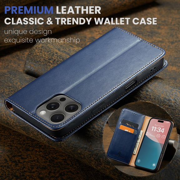 For iPhone 16 Pro Fierre Shann PU Genuine Leather Texture Phone Case(Blue)