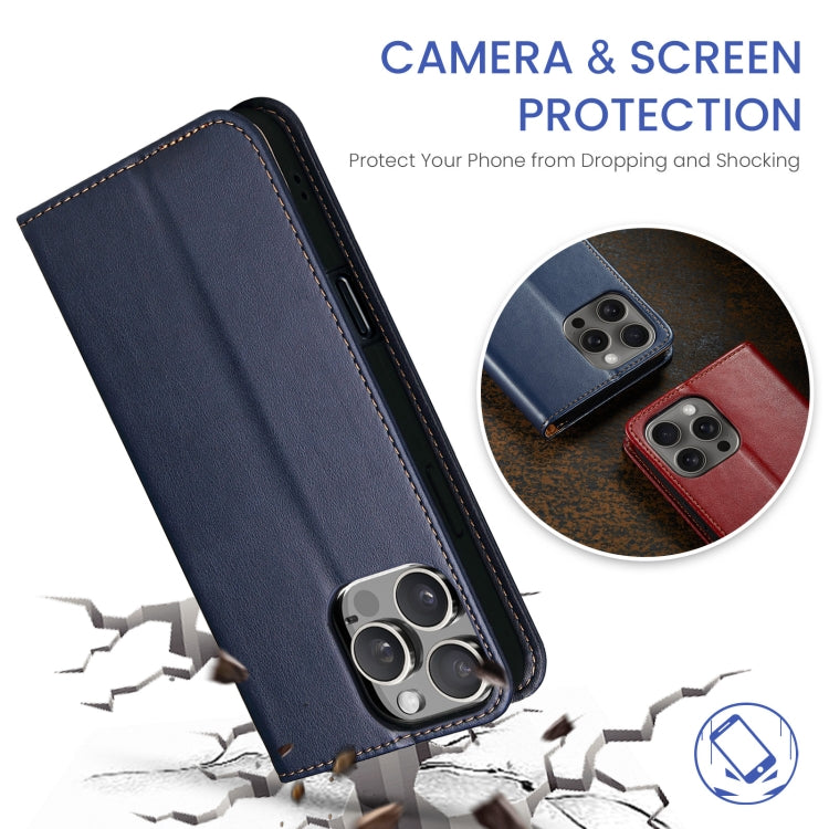 For iPhone 16 Pro Fierre Shann PU Genuine Leather Texture Phone Case(Blue)