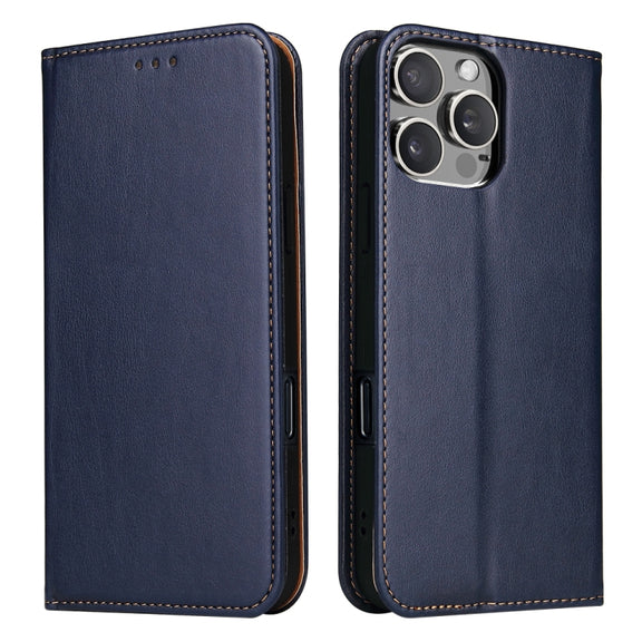 For iPhone 16 Pro Fierre Shann PU Genuine Leather Texture Phone Case(Blue)