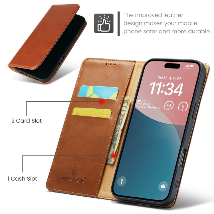 For iPhone 16 Pro Fierre Shann PU Genuine Leather Texture Phone Case(Brown)