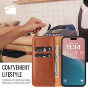 For iPhone 16 Pro Fierre Shann PU Genuine Leather Texture Phone Case(Brown)