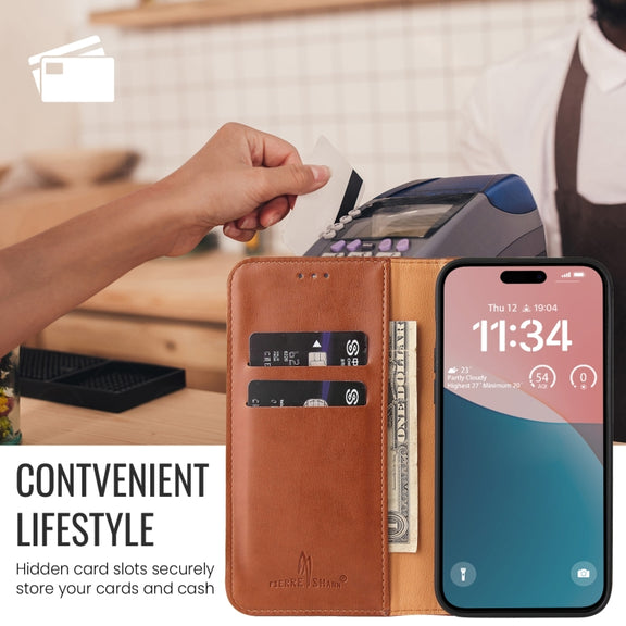 For iPhone 16 Pro Fierre Shann PU Genuine Leather Texture Phone Case(Brown)