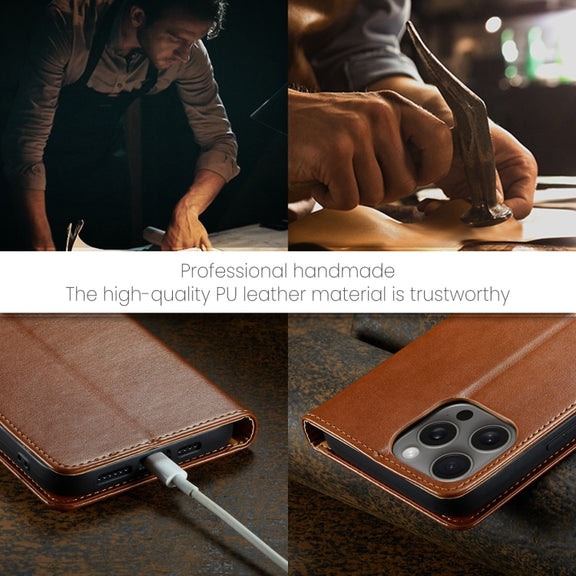 For iPhone 16 Pro Fierre Shann PU Genuine Leather Texture Phone Case(Brown)