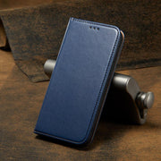 For iPhone 16e Fierre Shann PU Genuine Leather Texture Phone Case(Blue)