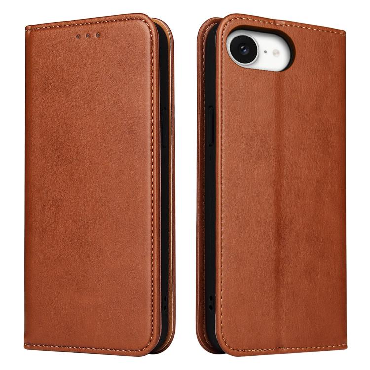 For iPhone 16e Fierre Shann PU Genuine Leather Texture Phone Case(Brown)